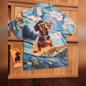 Men's Blue Hawaiian Shirt with Dachshund Print + Glasses Holder